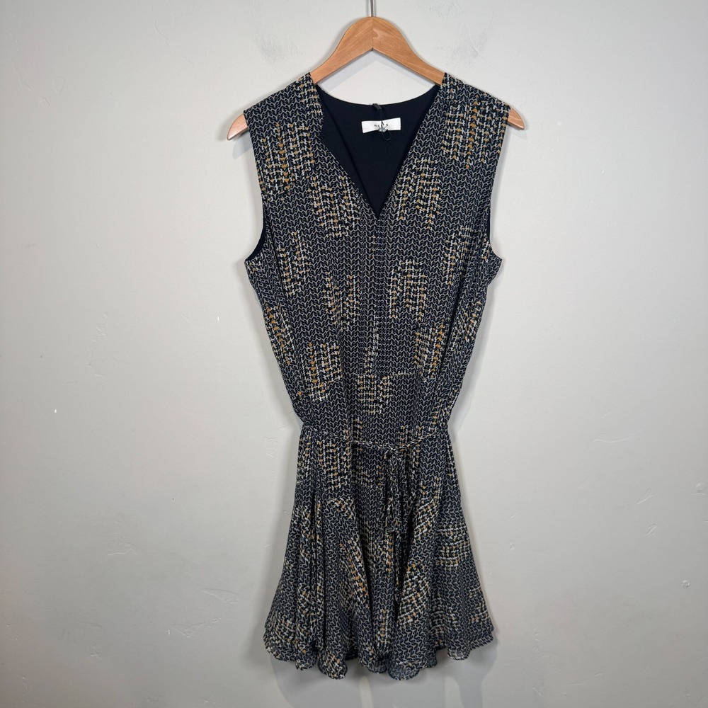 Reiss Stefania Printed Mini Day Dress Black Yellow‎ Gold Drawstring Waist US 8